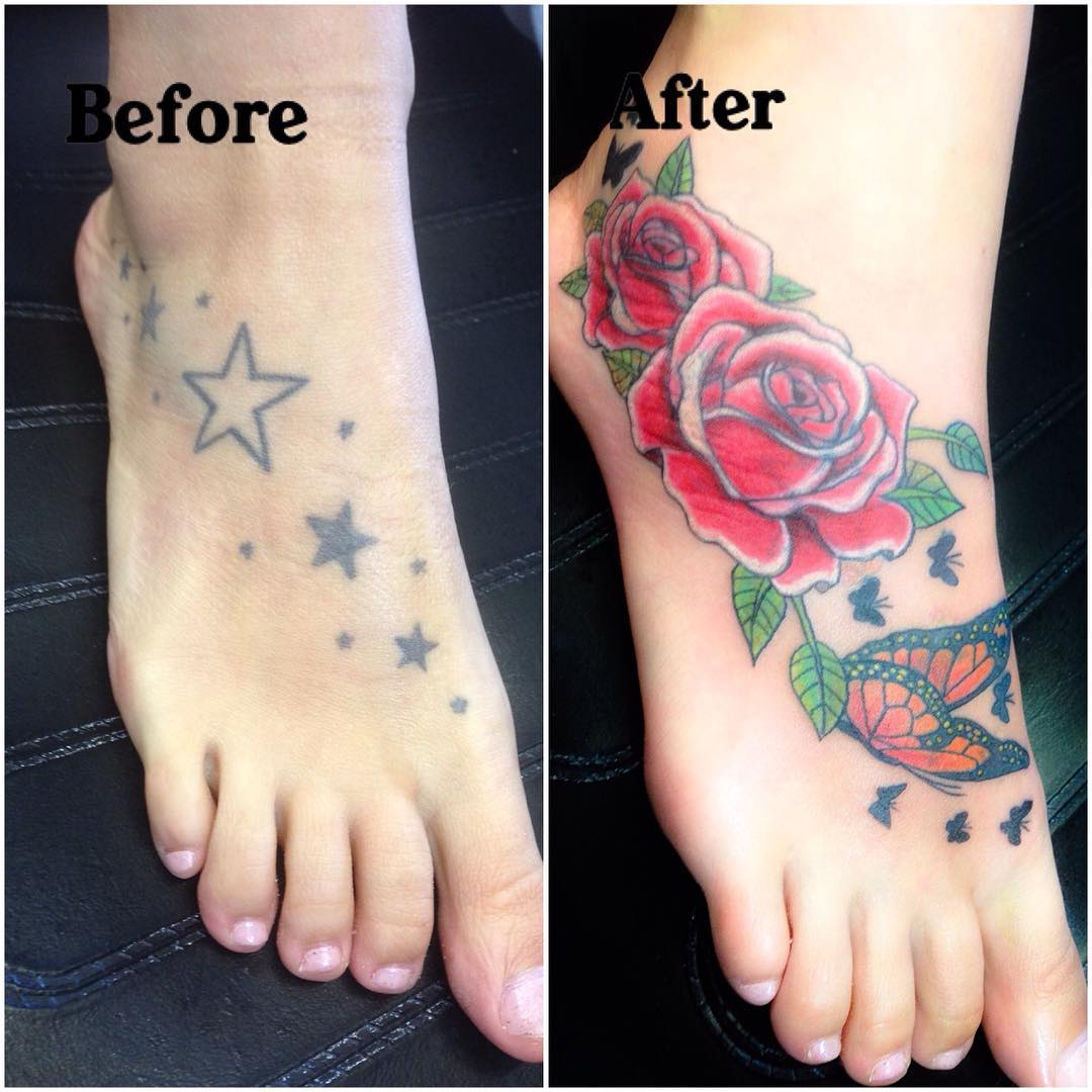 Roses Butterfly Before And After Tattoo On Foot