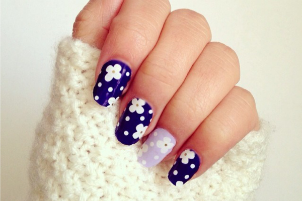 Royal Blue Nails With White Spring Flowers Nail Art
