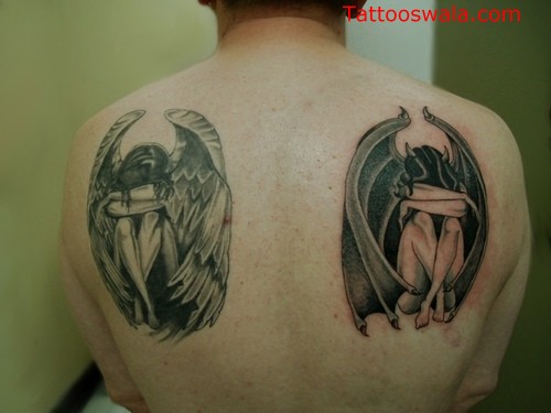 Sad Angel And Devil Tattoo On Back Shoulders For Men