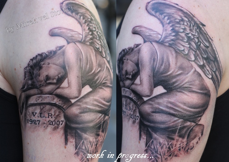 Sad Angel Memorial Tattoo On Left Shoulder