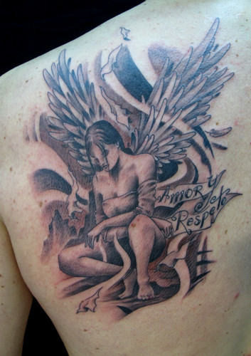 Sad Angel Tattoo On Left Back Shoulder