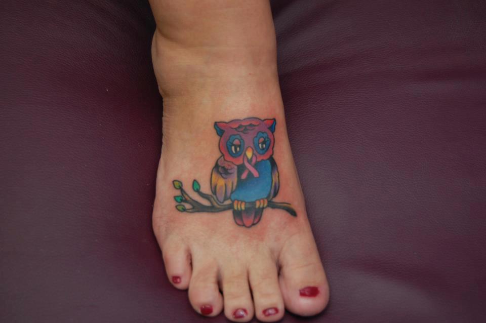 Sad Owl With Cancer Ribbon Tattoo On Foot For Girls