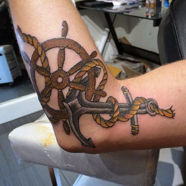 Sailor Wheel And Rope Tattoo On Arm Sleeve