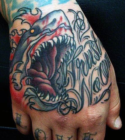 Shark Trust No One Hand Traditional Tattoo For Men