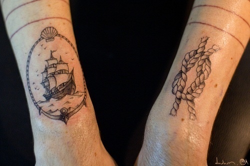 Ship And Rope Knot Tattoos On Arm