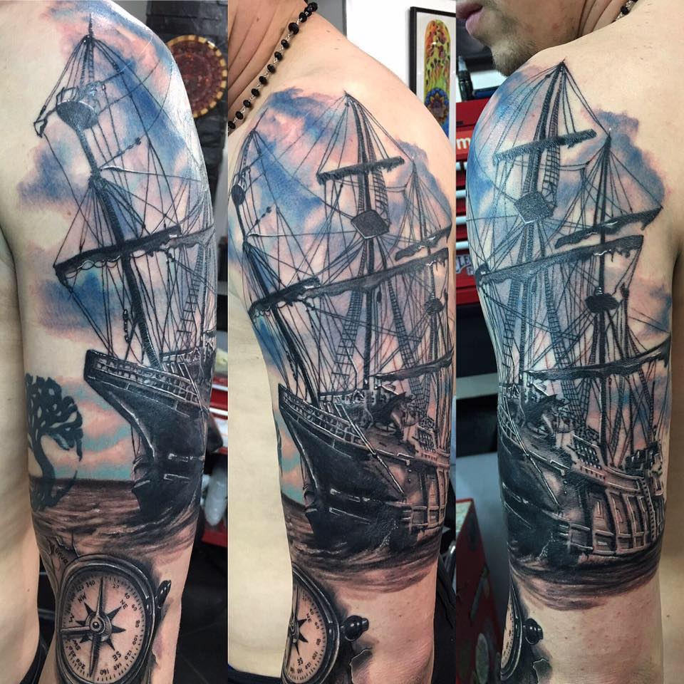 Ship and Compass Tattoo On Left Half Sleeve For Men by Luis K. Osorio