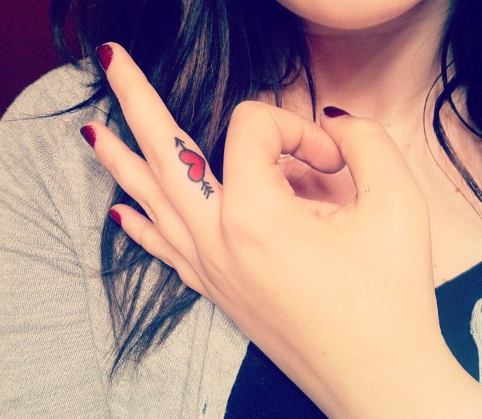 Side Finger Red Heart Tattoo For Girls
