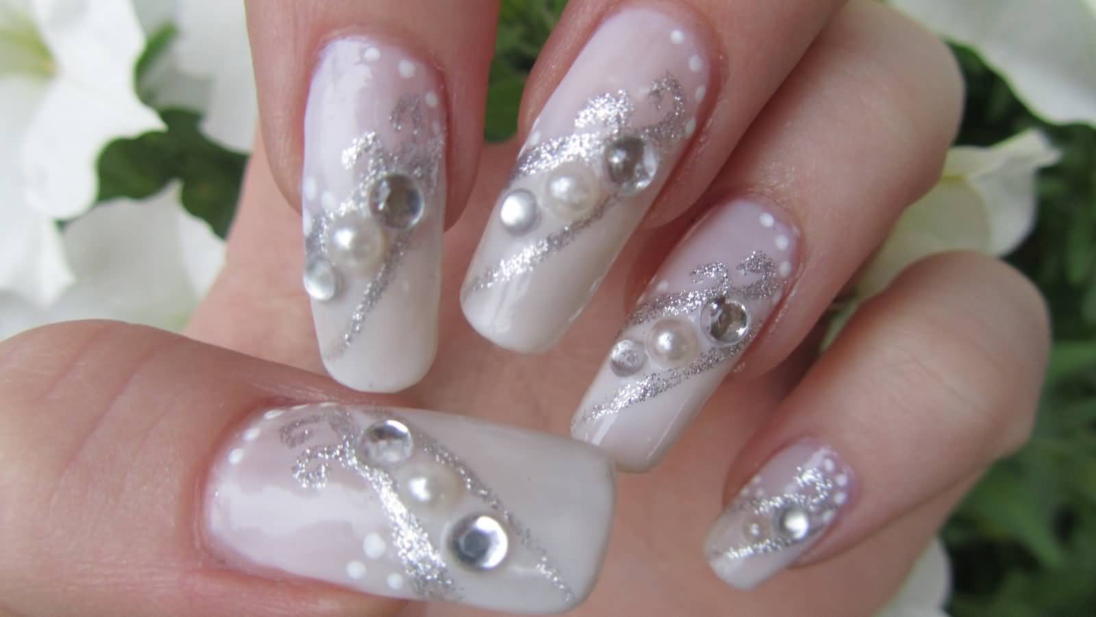 Silver And White Bridal Design And Pearls Nail Art With Tutorial Video