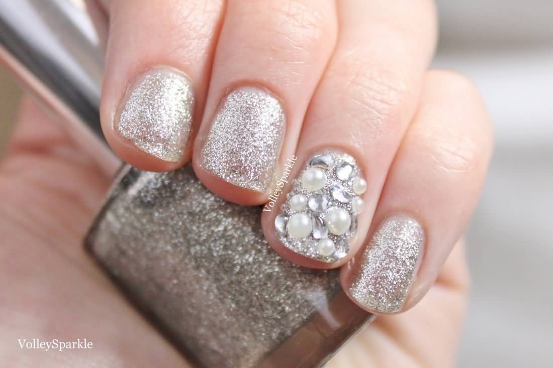 Silver Glitter Nails With Accent Pearls Nail Art