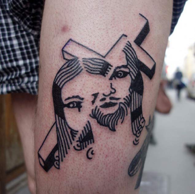 Simple Abstract Jesus Christian Tattoo On Leg