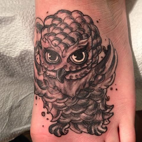 Simple Black And Grey Owl Tattoo On Foot
