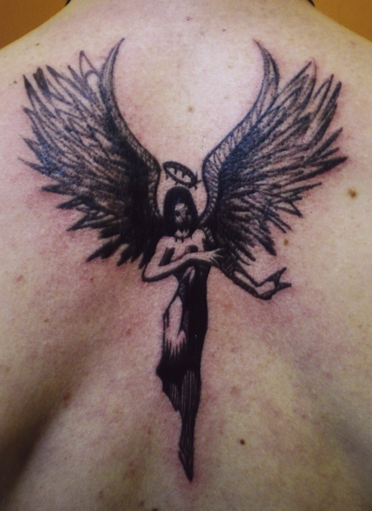 Simple Black Ink Angel Tattoo On Upper Back