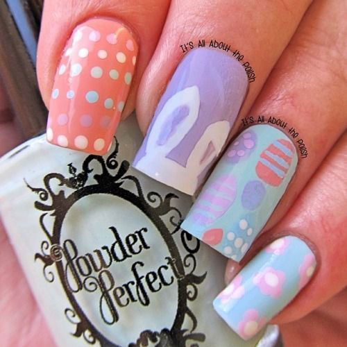 Simple Easter Bunny Ears With Eggs And Flowers Nail Art
