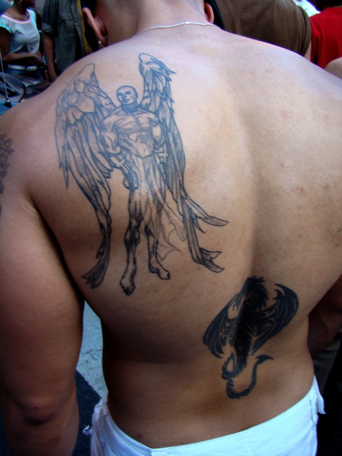 Simple Guardian Angel Tattoo On Back Shoulder For Men