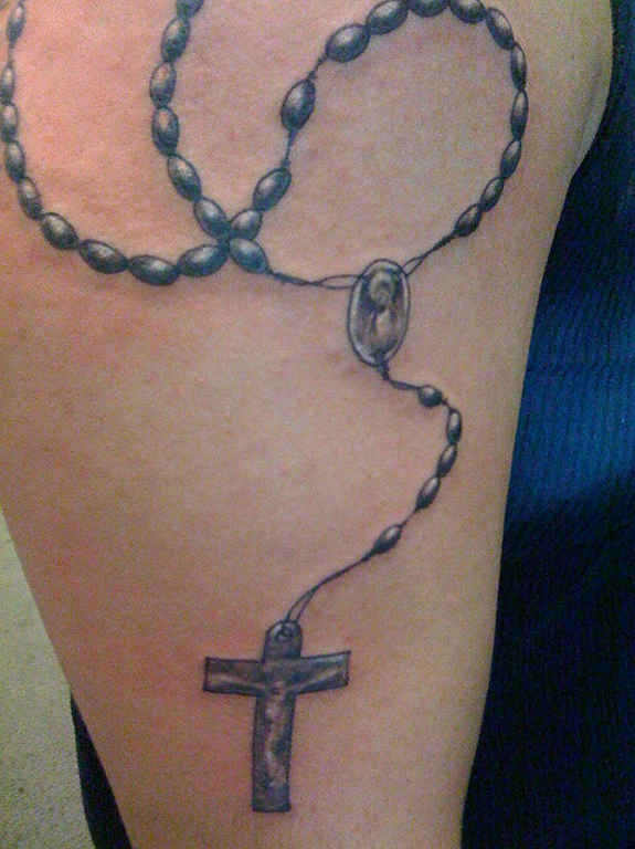 Simple Holy Rosary Tattoo On Half Sleeve