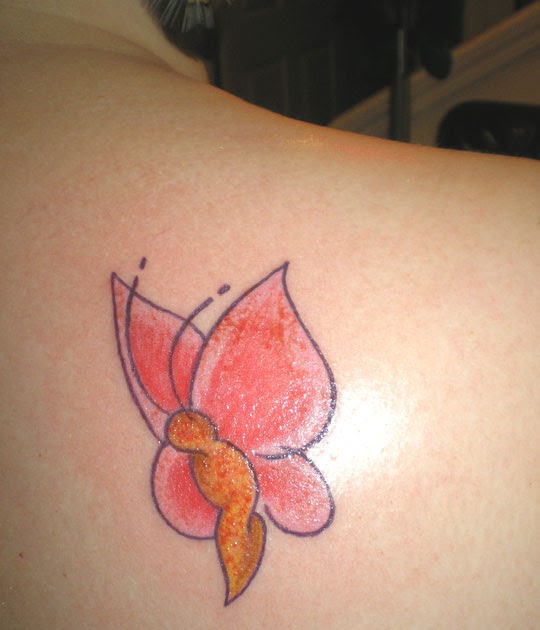 Simple Red And Pink Butterfly Tattoo On Back Shoulder