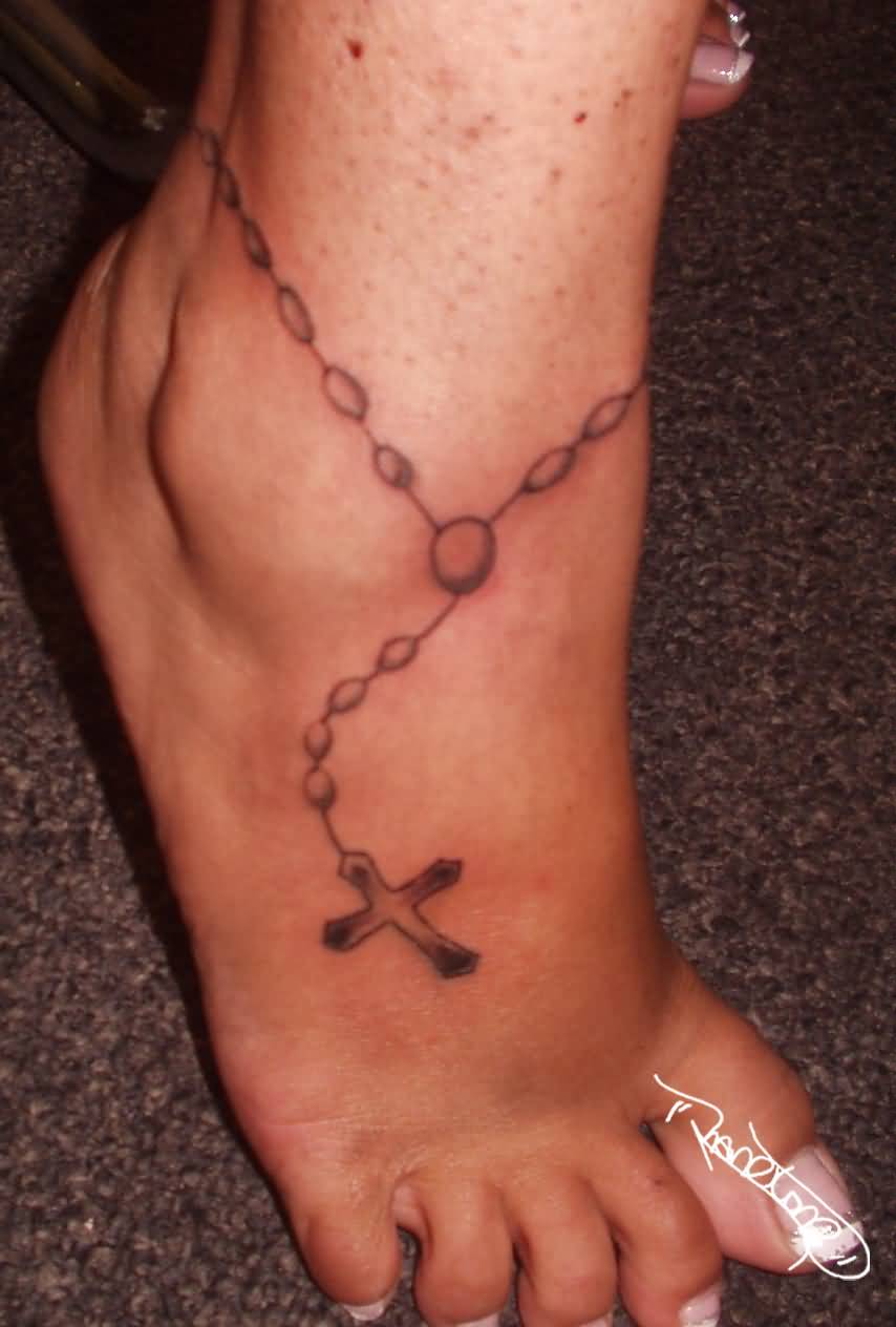Simple Rosary Tattoo On Foot And Ankle