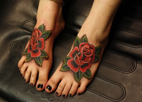 Simple Rose Traditional Matching Tattoos On Girl Feet