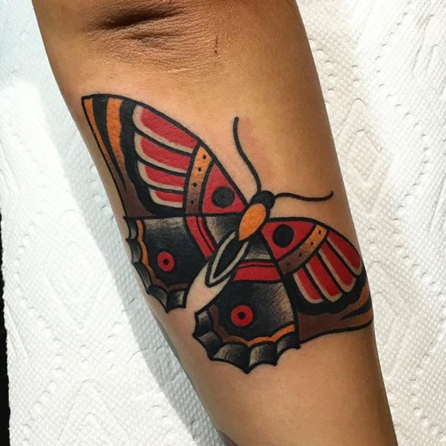 Simple Traditional Butterfly Tattoo On Arm Sleeve