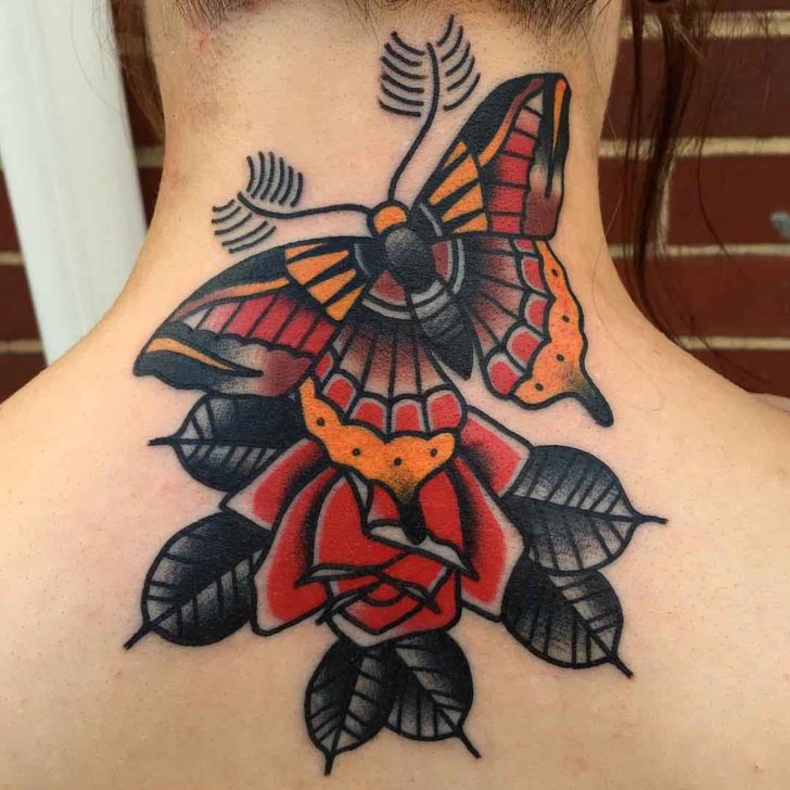 Simple Traditional Butterfly Tattoo On Upper Back