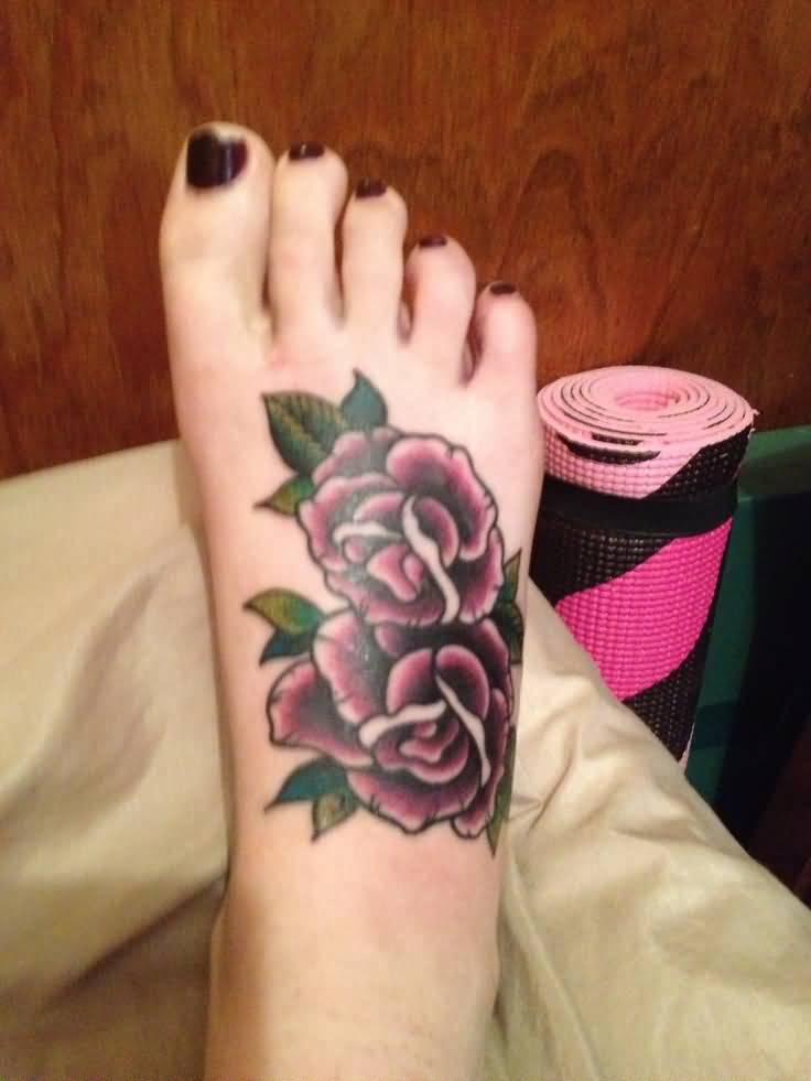 Simple Traditional Roses Tattoo On Girl Foot