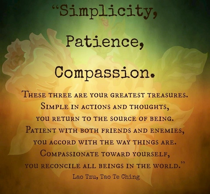 Simplicity, patience, compassion.These three are your greatest treasures.Simple in actions and thoughts, you return to the source of being.... Lao Tzu