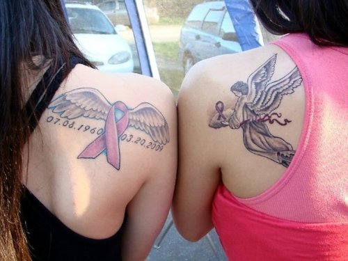 Sisters Angel Memorial Tattoos On Back Shoulders
