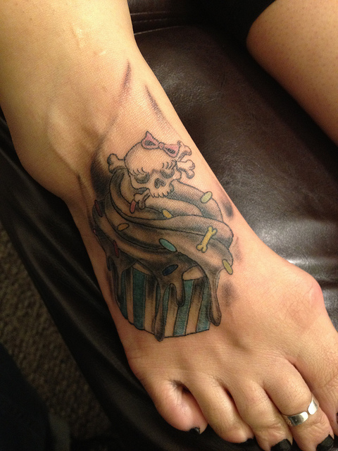 Skull Cupcake Tattoo On Foot For Girls
