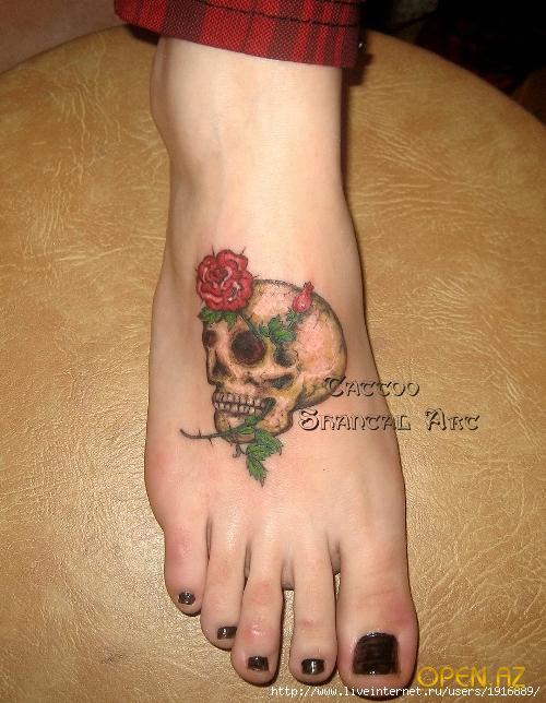 Skull Flowers Tattoo On Foot For Girls