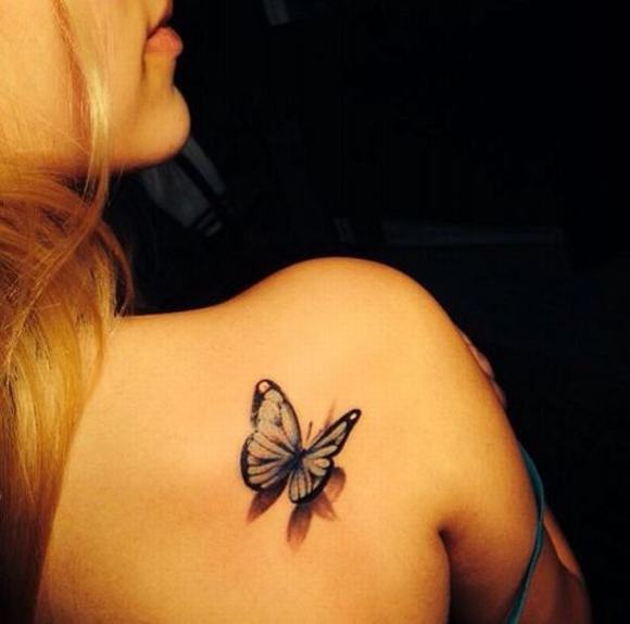 Small 3D Butterfly Tattoo On Right Back Shoulder For Girls