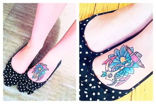 Small Anchor Flower Traditional Tattoo On Foot For Girls