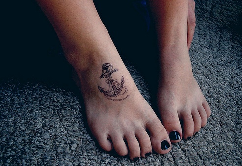 Small Anchor Girl Foot Tattoo