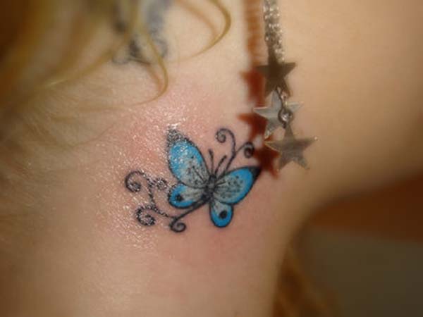 Small Blue Butterfly Tattoo On Girl Side Neck