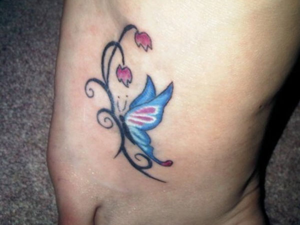 Small Butterfly Flower Tattoo On Foot