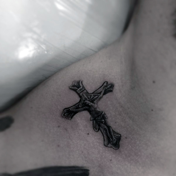 Small Christian Cross Tattoo On Upper Shoulder