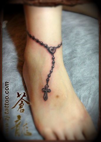 Small Cross Heart On Ankle Bracelet Tattoo