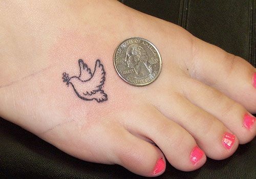 Small Dove With Flower Foot Tattoo For Girls