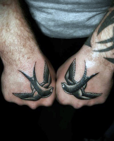 Small Flying Bird Matching Tattoos On Both Hand For Men