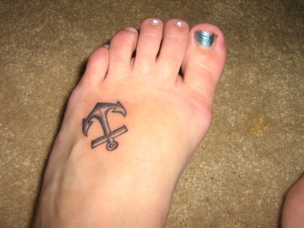 Small Grey Anchor Tattoo On Foot For Girls