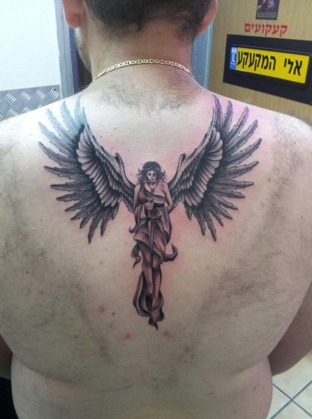 Small Guardian Angel Tattoo On Upper Back