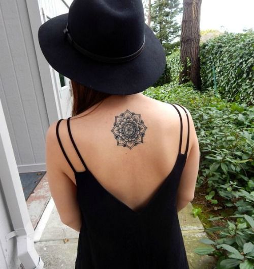 Small Mandala Tattoo On Girl Upper Back