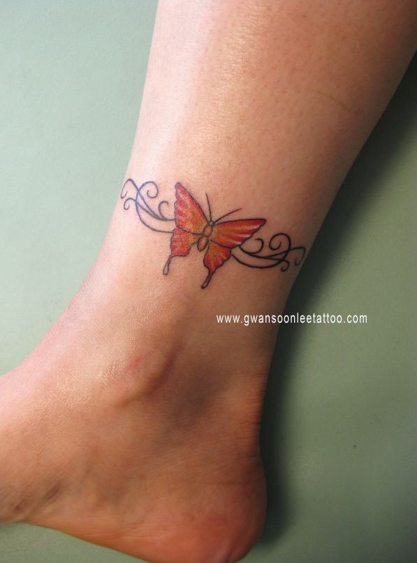 Small Orange Butterfly Tattoo On Ankle