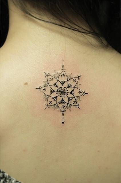 Small Ornamental Style Mandala Tattoo On Upper Back