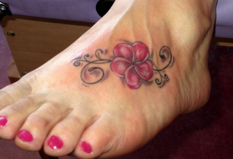 Small Pink Color Flower Tattoo On Foot