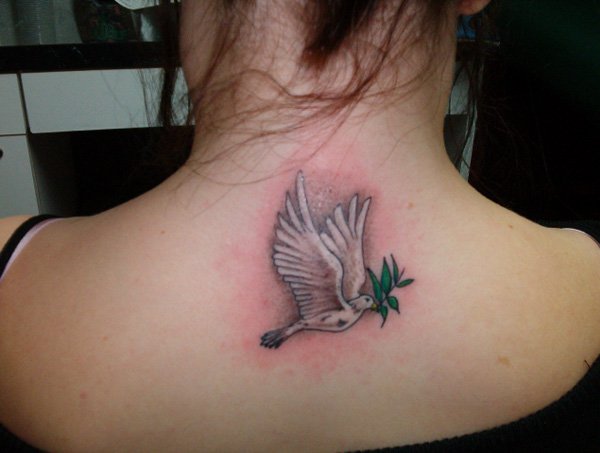 Small Realistic Dove Tattoo On Upper Back