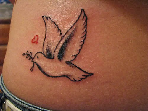 Small Red Heart And Outline Dove Tattoo On Lower Back
