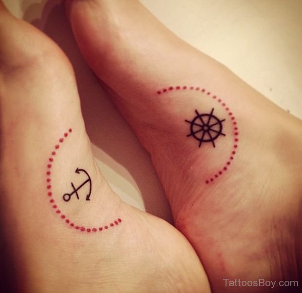 Small Ship Wheel And Anchor Tattoos On Feet