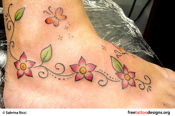 Small Stylish Butterfly Flowers Tattoo On Foot