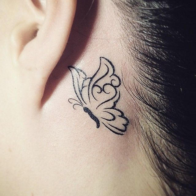 Small Tribal Butterfly Tattoo Behind Ear For Girls