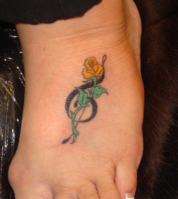 Small Yellow Rose Music Foot Tattoo